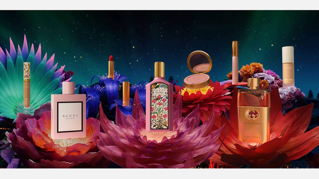 Gucci Holiday Beauty Wishes Campaign with product line up on Flora