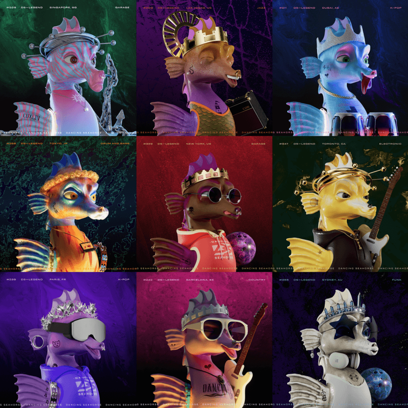 Collage of 9 Legendary Dancing Seahorse NFTs