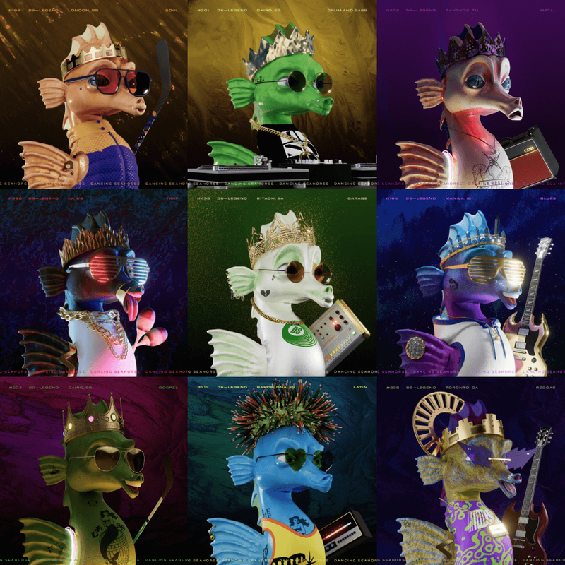 Another collage of 9 Legendary Dancing Seahorse NFTs