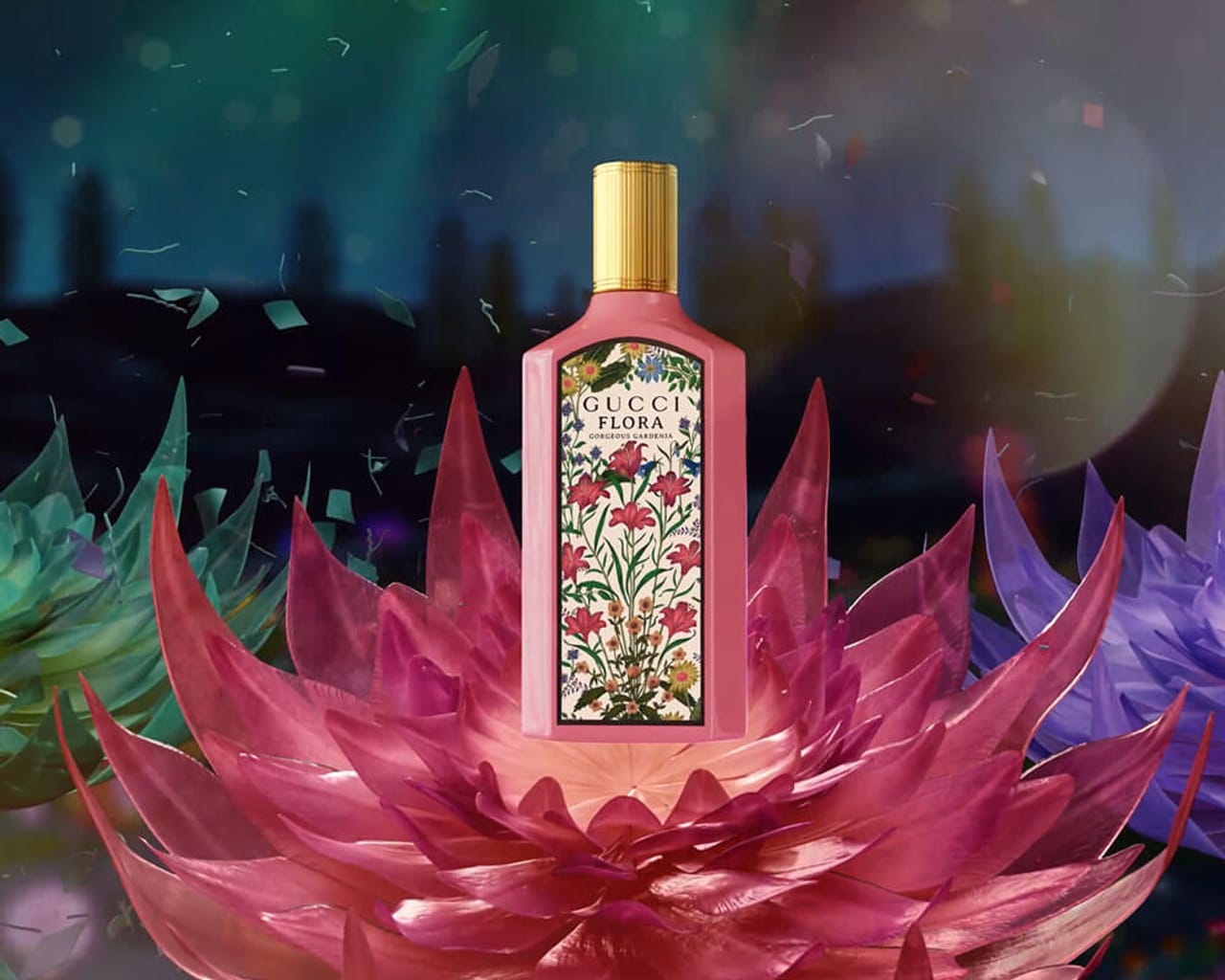 Gucci flora bottle appearing out of a flower