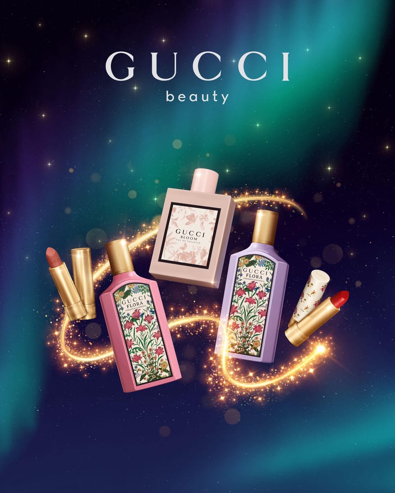 Gucci products floating in 3D scene
