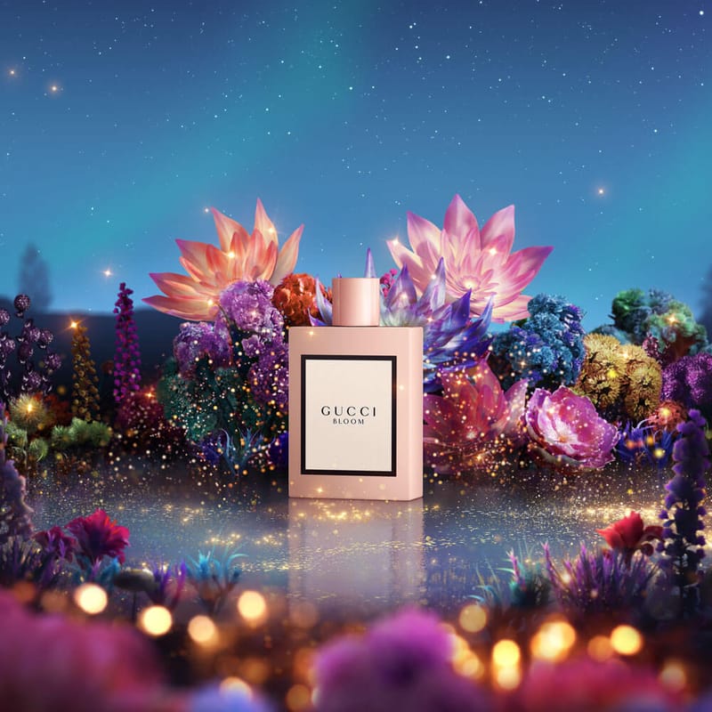 Gucci Bloom Fragrance isolated in CGI scene