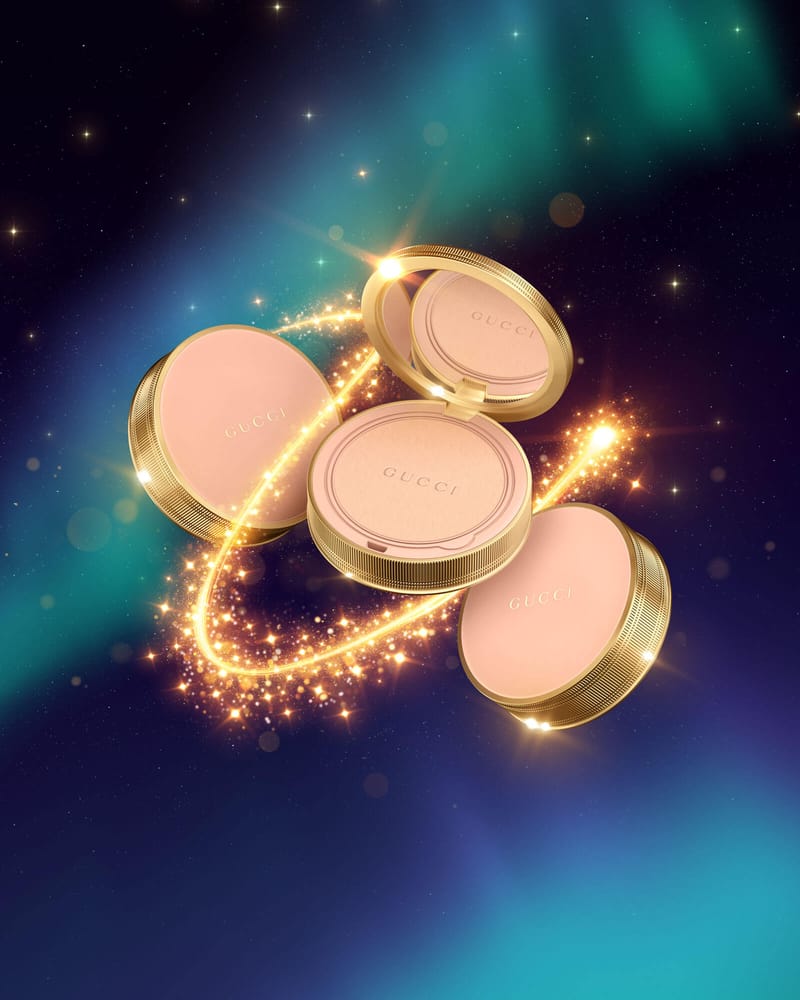 Gucci Beauty compacts floating in the sky